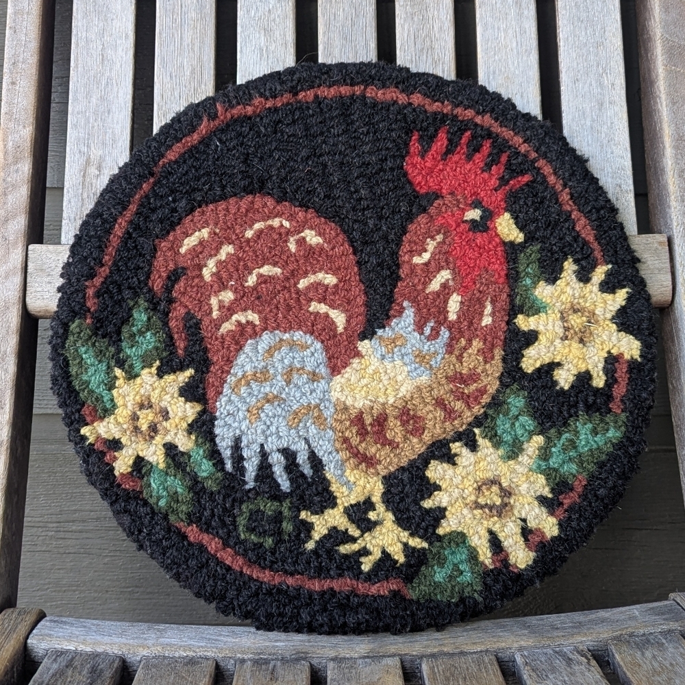 Laura Megroz Wool Hook Chair Pad Chanticleer Rooster Chicken Farmhouse Black